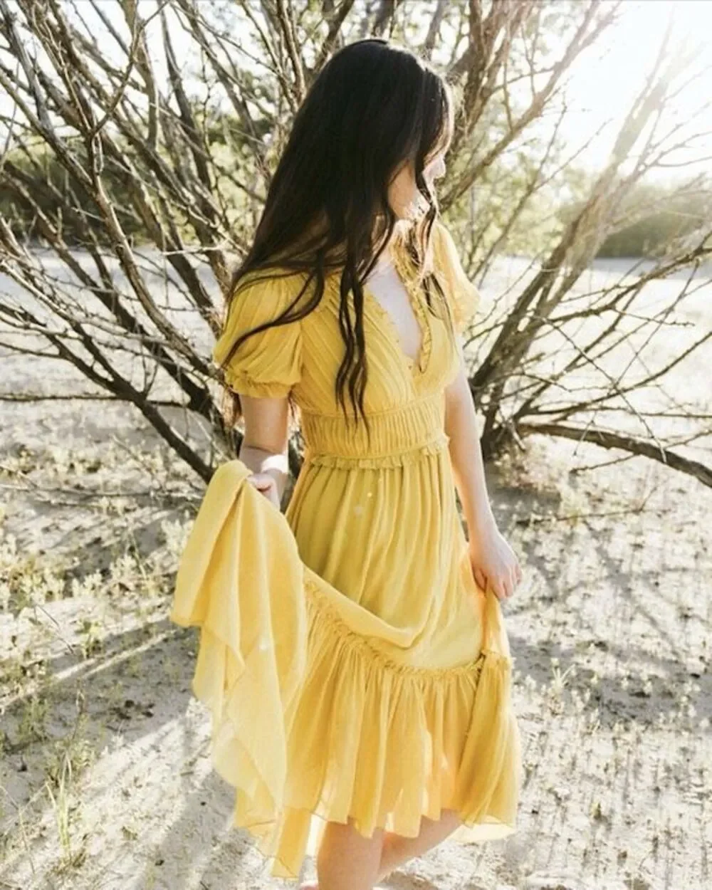Ulla Johnson Midi Dress Sonja Honey Ruffled Chiffon 2 Silk Chiffon